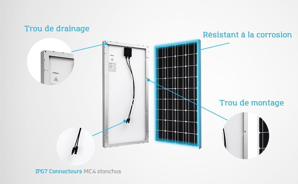 Kit solaire RENOGY de 100 watts. Robuste, résistant à la corrosion, étanche, trous drainage, MP4