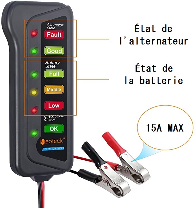 Petit testeur de batterie Neoteck avec test de la batterie et de l'alternateur