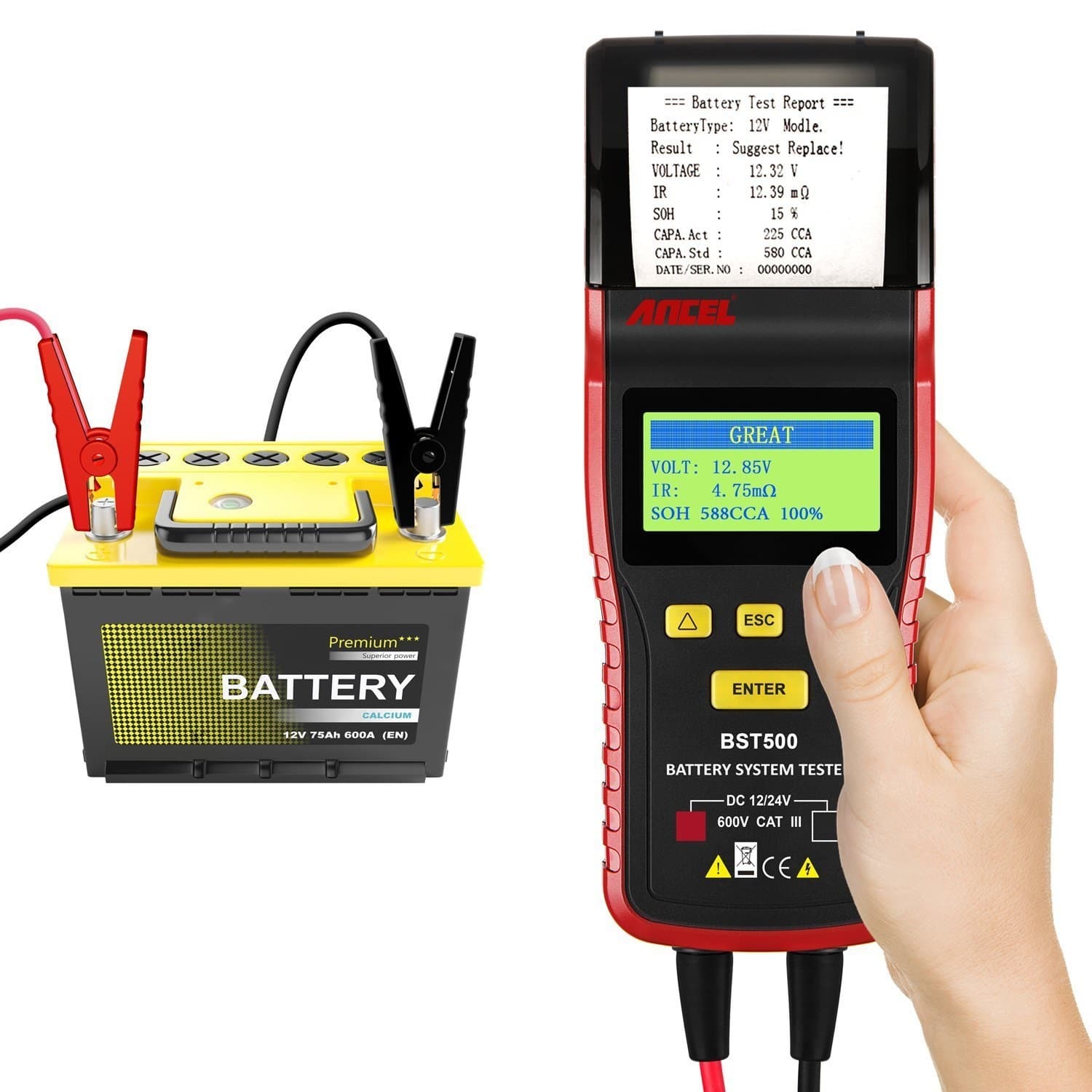 Testeur de batterie qui imprime sur papier les résultats.