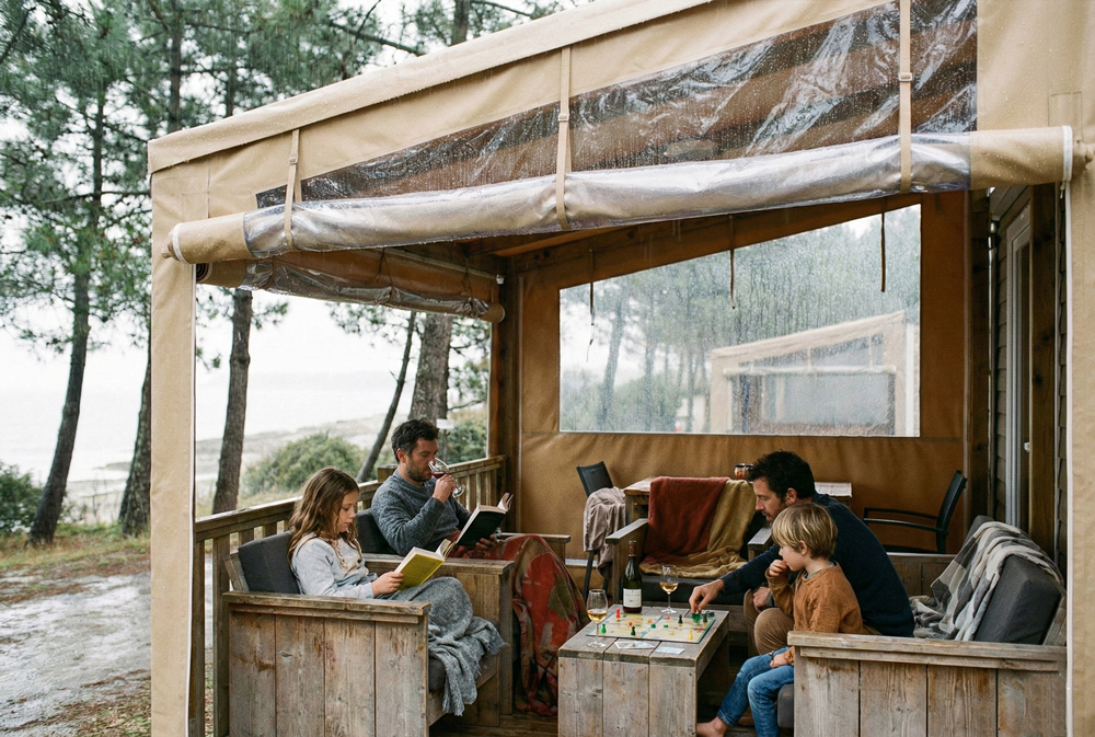 Famille profitant terrasse couverte mobil home camping Landes