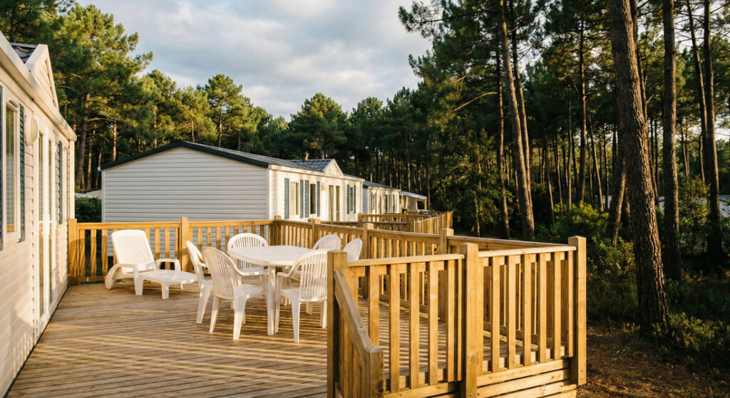 Terrasse mobil home camping Landes avec pins maritimes