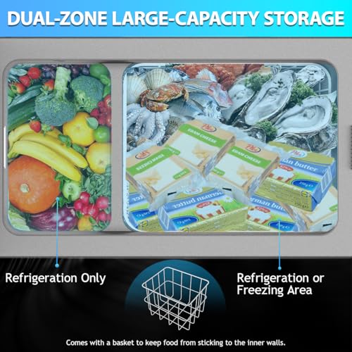 Intérieur glacière Alpicool double zone avec compartiment réfrigération légumes et congélation produits frais panier amovible