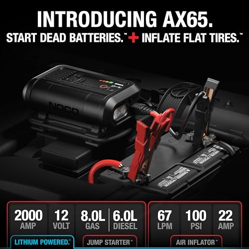 Spécifications NOCO AX65 2000A démarrage moteur 8L essence 6L diesel gonfleur 67LPM