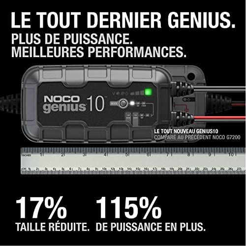 Comparaison NOCO Genius10 vs G7200 montrant réduction taille 17% et augmentation puissance 115%