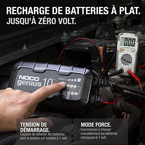 Demonstration mode Force NOCO Genius10 rechargeant batterie déchargée avec multimètre affichant 0V