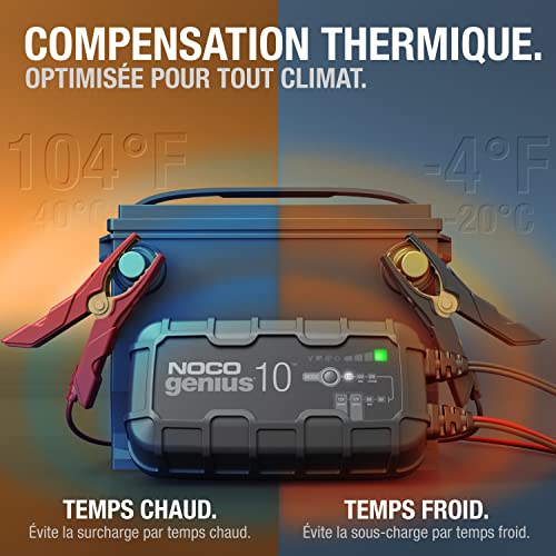 Chargeur NOCO Genius10 avec compensation thermique fonctionnant de -4°F à 104°F toutes températures