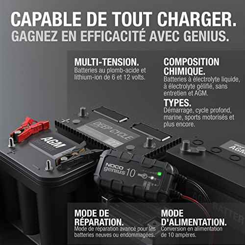 NOCO Genius10 compatible batteries 6V 12V plomb AGM gel lithium avec modes réparation alimentation