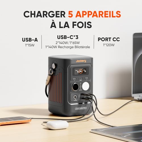 Station Jackery 300D chargeant 5 appareils simultanément avec ports USB-A USB-C et DC