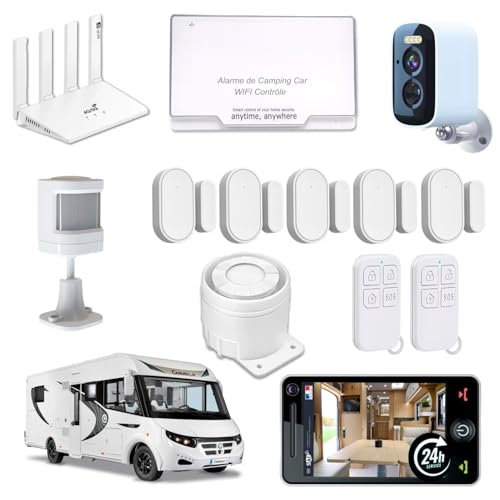 Kit complet alarme camping-car WiFi 4G avec caméra surveillance détecteurs ouverture mouvement télécommandes