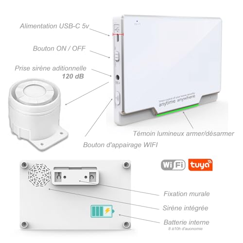 Centrale alarme camping-car WiFi compatible Tuya Smart Life sirène intégrée 120dB batterie secours