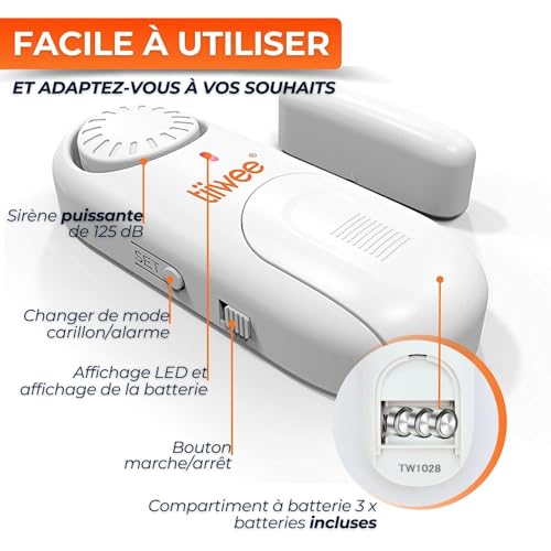 Détails techniques alarme tiiwee avec molette réglage LED batterie et boutons marche arrêt