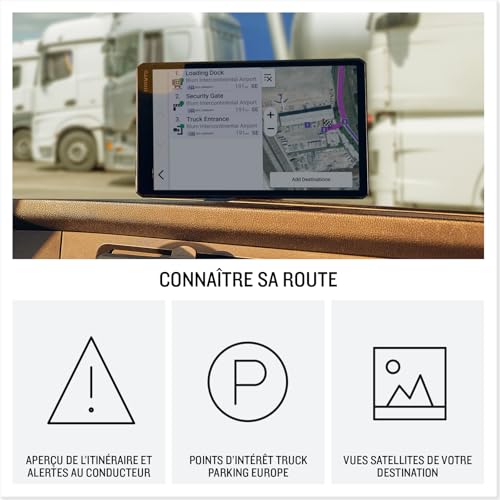 GPS Garmin dēzl montré avec alertes sécurité et points d'intérêt parking poids lourds