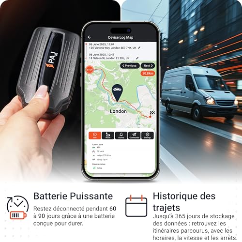 Traceur GPS PAJ avec batterie 10000mAh et application montrant historique trajets 365 jours