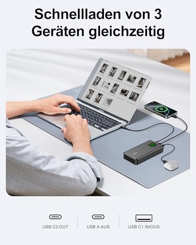 Batterie ANSODY chargeant 3 appareils simultanément ordinateur portable et smartphones bureau