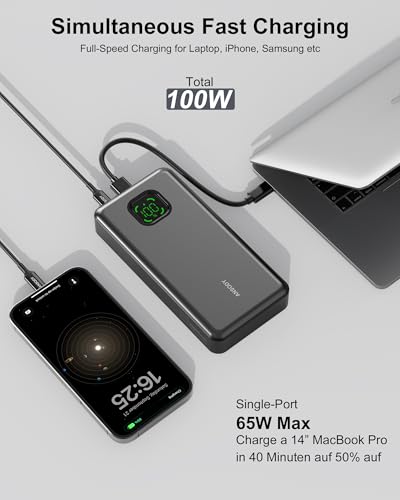 Powerbank ANSODY charge rapide 100W totale MacBook Pro 50% et iPhone 60% en 40 minutes
