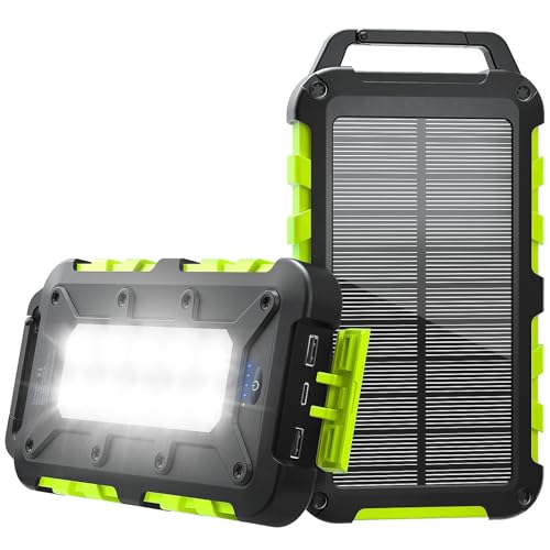 Batterie externe solaire 10000mAh avec panneau solaire lampe LED et design robuste vert