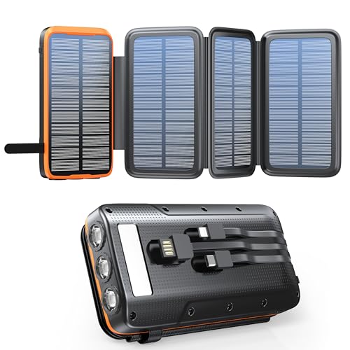 Batterie externe solaire 20000mAh avec 4 panneaux solaires pliables et boîtier orange robuste