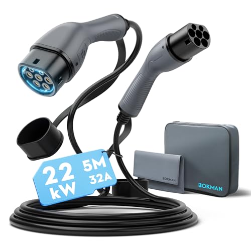 Câble de recharge Type 2 Bokman 22kW 5 mètres avec connecteurs ergonomiques gris