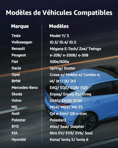 Tableau compatibilité marques véhicules électriques Tesla VW Renault Peugeot BMW Mercedes