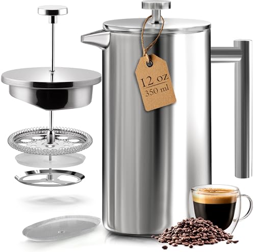 Cafetière à piston KICHLY 350ml en acier inoxydable avec système de filtration triple et pièces démontées