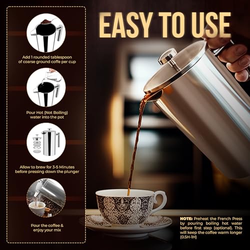 Instructions d'utilisation cafetière KICHLY : ajout café moulu, eau chaude, temps infusion 3-5 minutes et service