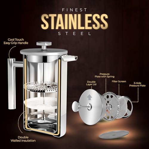 Détails construction acier inoxydable cafetière KICHLY avec double paroi isolante et système filtration