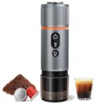 Machine à café portable Conqueco grise avec réservoir transparent et boutons de commande