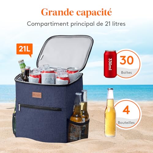 Sac isotherme Lifewit ouvert montrant sa capacité de 21L avec canettes et bouteilles