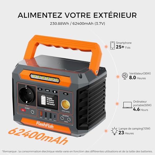 Station FlashFish 230.88Wh alimentant smartphone ordinateur ventilateur lampe camping 23 heures