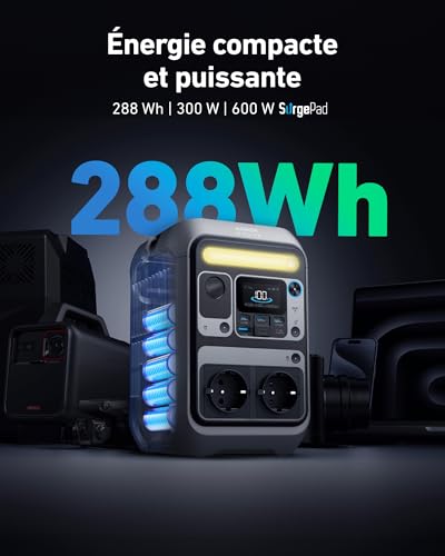 Anker SOLIX C300 affichant sa capacité 288Wh et puissance 300W avec éclairage LED bleu