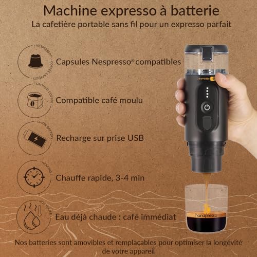 Infographie caractéristiques machine expresso portable compatible Nespresso avec chauffe rapide 3-4 minutes
