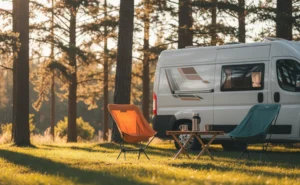 Chaises de camping pliantes installées devant un camping-car sur une aire boisée au soleil couchant