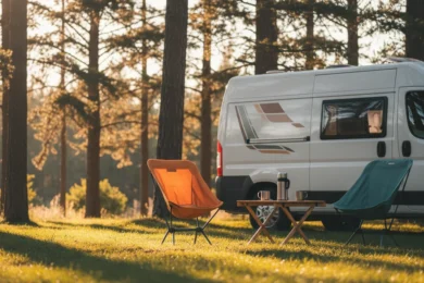 Chaises de camping pliantes installées devant un camping-car sur une aire boisée au soleil couchant