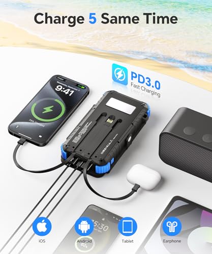 Chargeur solaire chargeant 5 appareils simultanément avec ports USB et câbles intégrés PD3.0