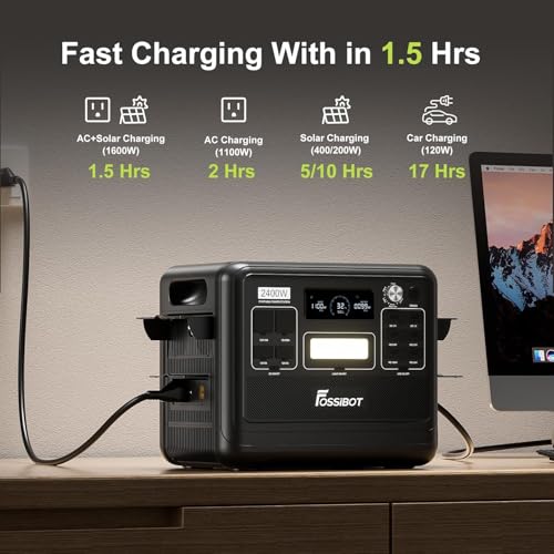 Charge rapide FOSSiBOT F2400 en 1,5 heures avec options AC, solaire et voiture