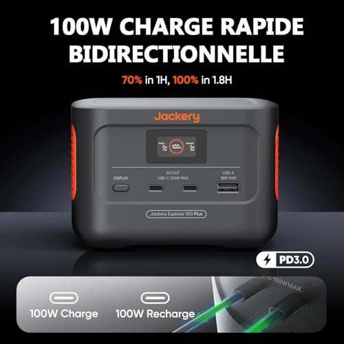 Démonstration charge rapide 100W bidirectionnelle Jackery avec indicateurs PD3.0 et temps de charge