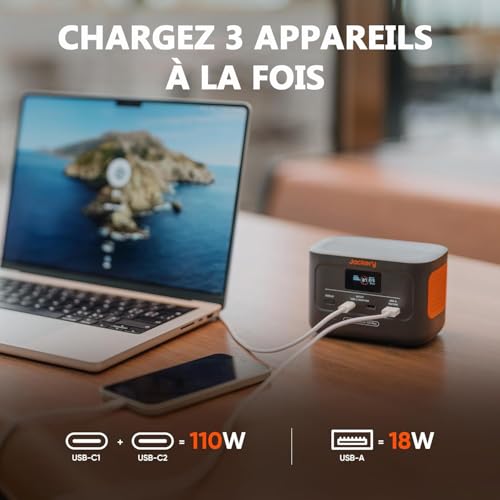 Station Jackery chargeant simultanément laptop smartphone et tablette avec indication puissances USB