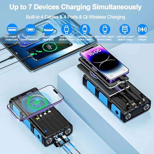 Batterie externe WASTDE chargeant 7 appareils simultanément avec cables intégrés et charge sans fil