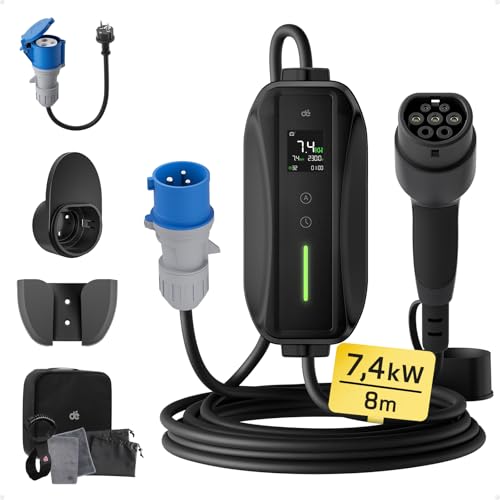 Chargeur EV portable 7,4kW avec écran LCD, câble 8m et accessoires inclus