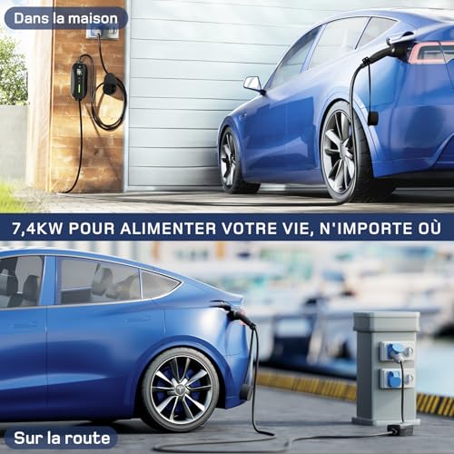 Utilisation polyvalente chargeur EV 7,4kW installation murale maison et borne publique route