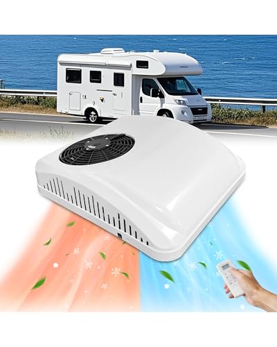 Climatiseur de toit 12V blanc avec télécommande pour camping-car montrant flux d'air chaud et froid