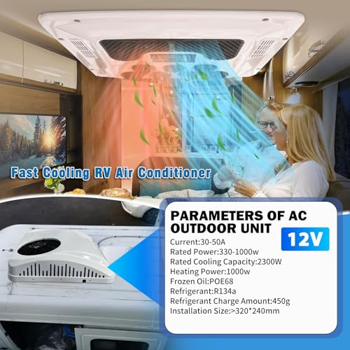 Spécifications techniques climatiseur RV 12V 9500 BTU avec puissances et dimensions détaillées