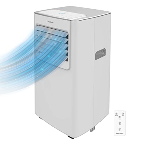 Climatiseur portable Cecotec ForceClima 7100 blanc avec flux d'air bleu visible et télécommande