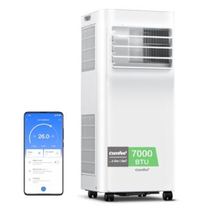 Climatiseur mobile Comfee 7000 BTU blanc avec écran smartphone affichant température 26°C