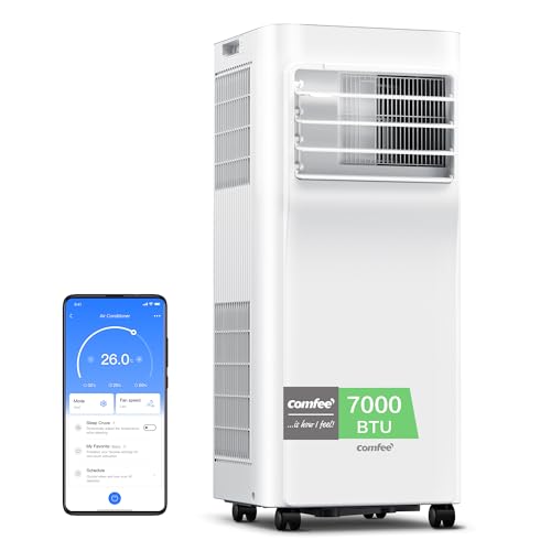 Climatiseur mobile Comfee 7000 BTU blanc avec écran smartphone affichant température 26°C