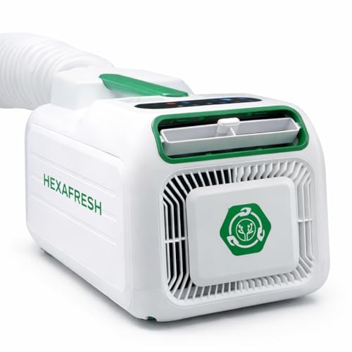 Climatiseur portable HEXAFRESH HEXAPRO+ blanc et vert avec tuyau d'évacuation flexible