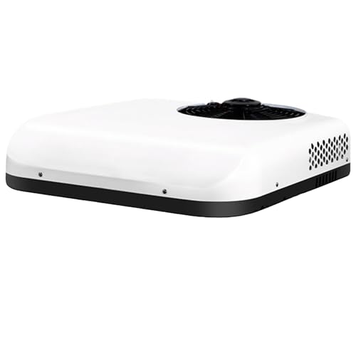 Climatiseur de toit blanc compact pour camping-car avec ventilateur intégré et design aérodynamique