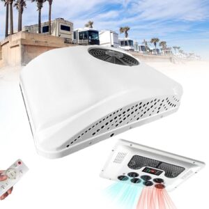 Climatiseur de toit blanc pour camping-car avec télécommande et unité intérieure affichant température