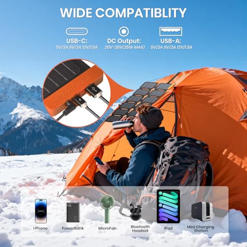 Compatibilité universelle panneau solaire camping avec USB-C USB-A et DC pour multiples appareils
