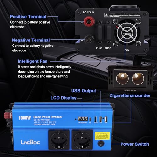 Schéma détaillé connexions convertisseur LncBoc bornes batterie ventilateur prises USB